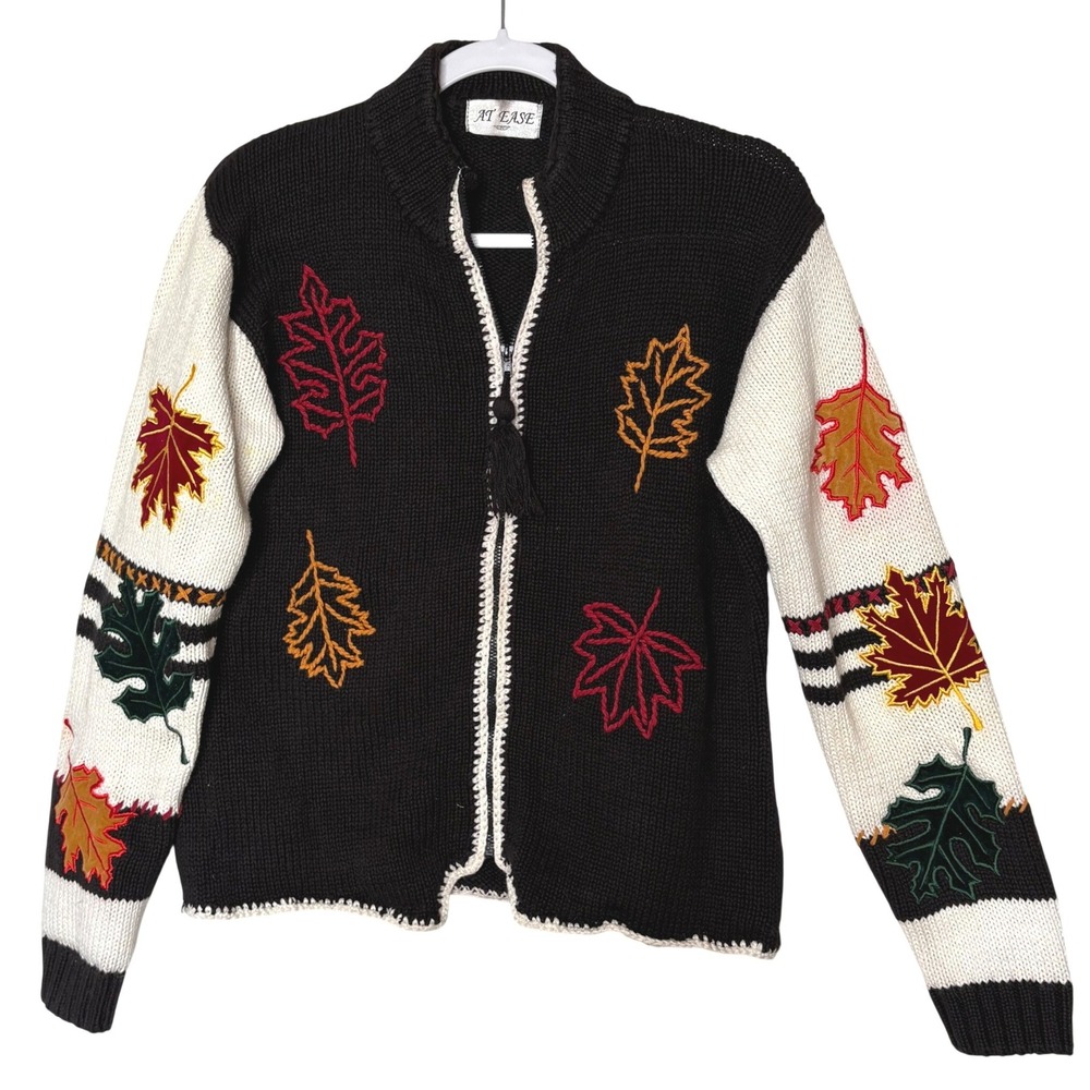 Vtg At Ease Fall Leaf Cardigan Zip Sweater Cottagecore Black Cream M As Is